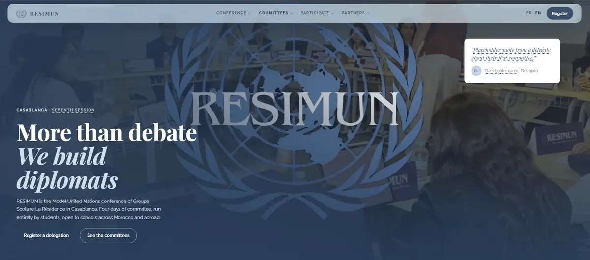 Site RESIMUN : page d'accueil de la conférence Model United Nations de Casablanca.